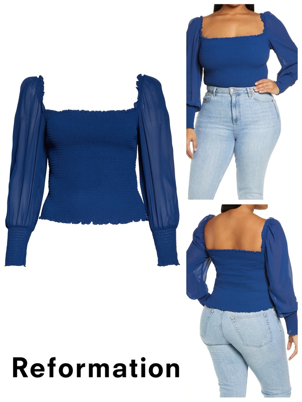 Reformation NWT Pinto Smocked Long Puff Sleeves Top Es in Caspian Blue, size 1X